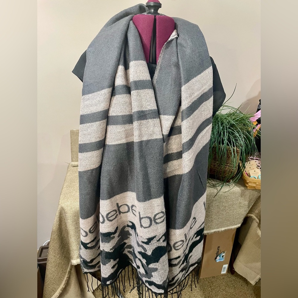 BEBE long scarf with fringe and camo print accent in grey, black and Lt pink
